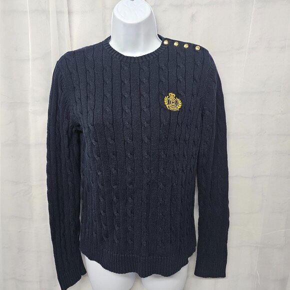 Chaps Crewneck Sweater Crest Navy Cable Knit Preppy Regency Money Cotton M - Picture 1 of 8
